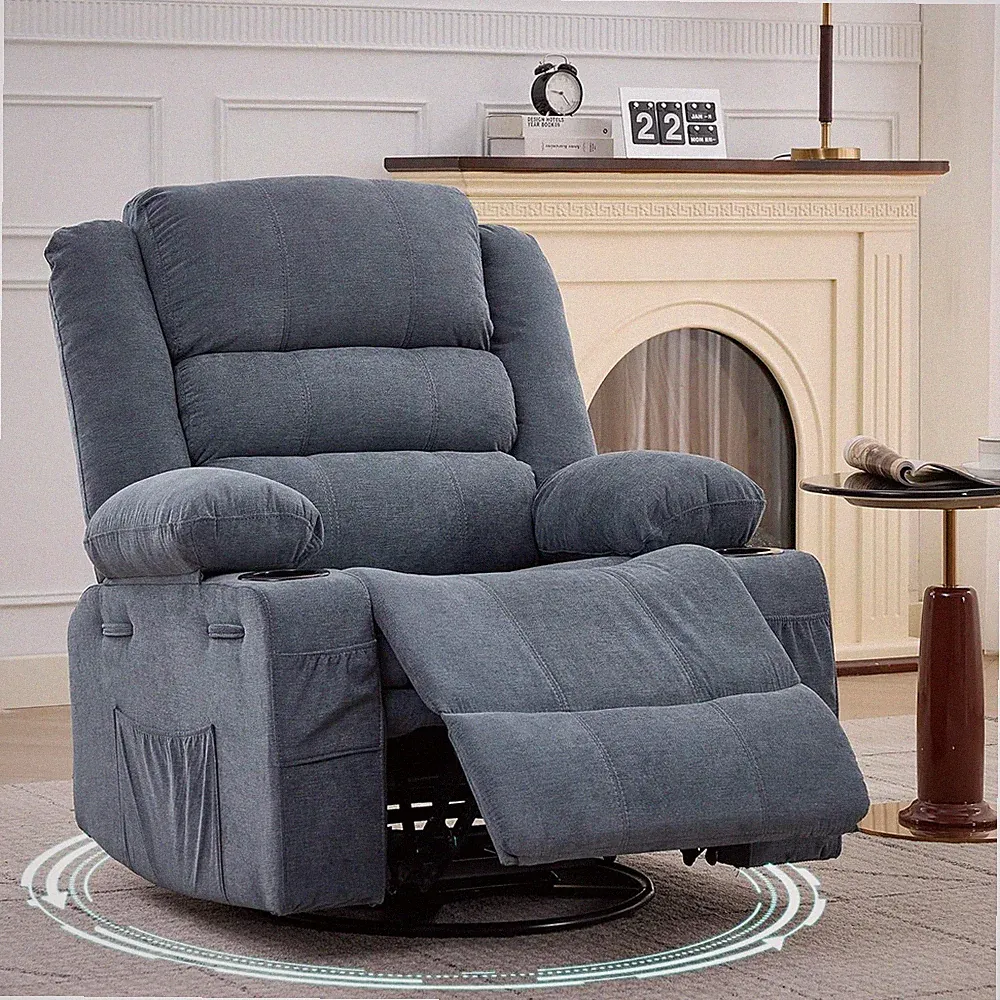 360° Swivel Recliner Chair for Adult, Linen Rocker Chair with 2 Side Pockets