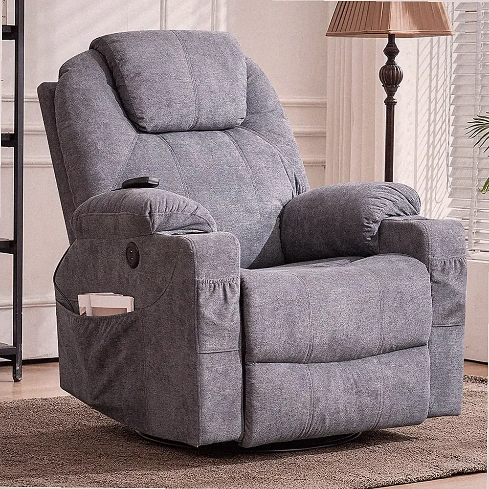 360° Swivel Rocker Recliner Chair Single Sofa Glider W/ Massage Heat USB Ports