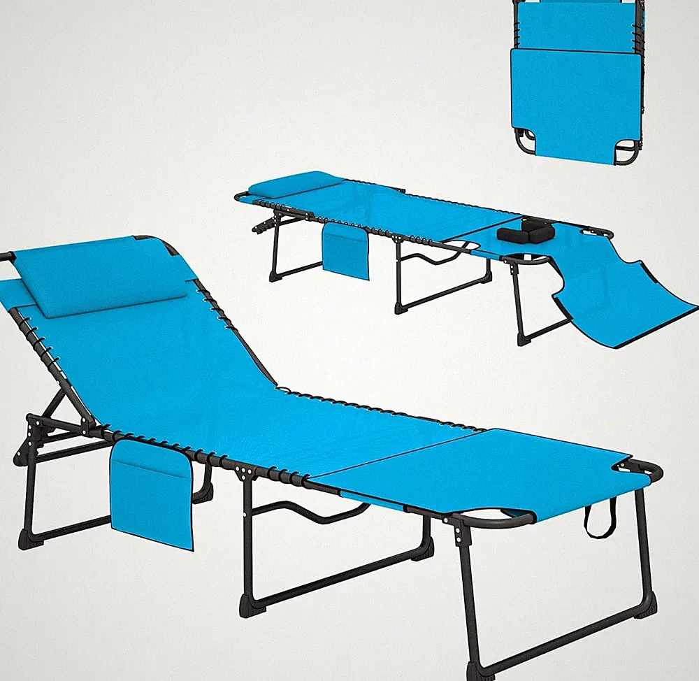 5-Level Reclining Folding Chaise Lounge with Face Hole & Side Pocket, Blue