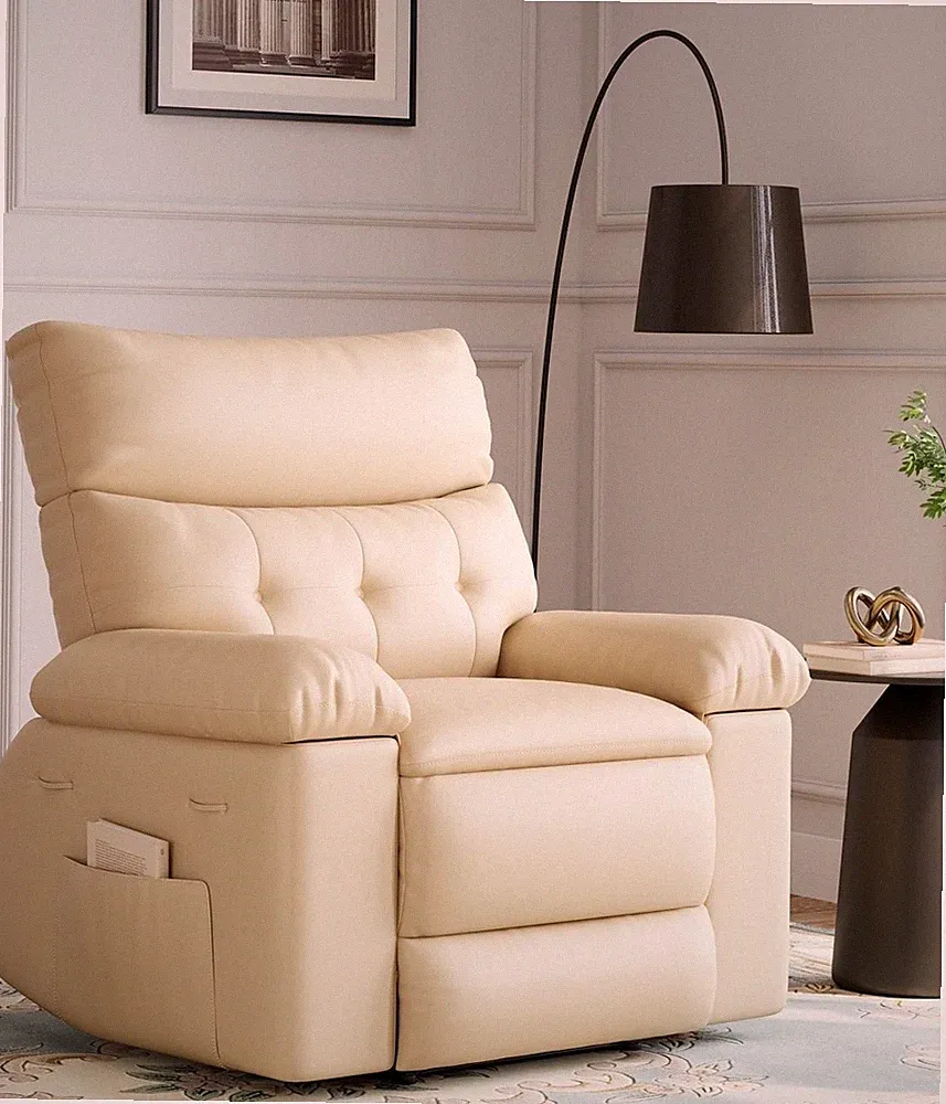 Beige Oversized 27" Classic Leather Recliner Chair with Lumbar Support