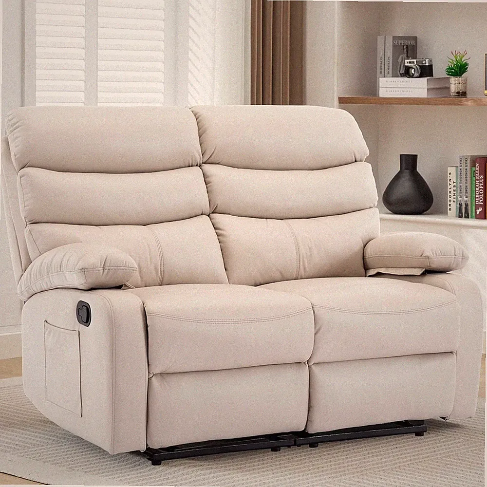 Beige Reclining Loveseat Sofa - Double Recliner for RV, Living Room, Home Theate