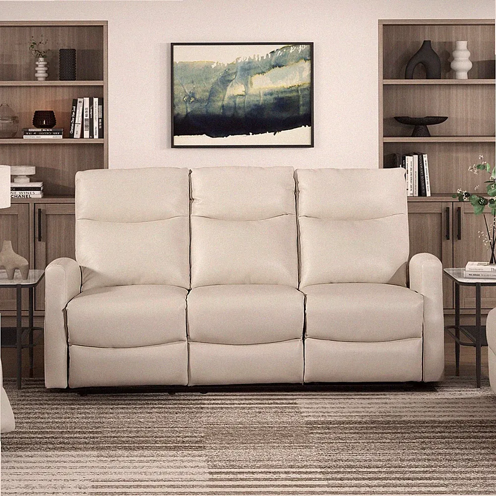 Beige Reclining Sofa 3-Seat Contemporary w/ Side Pocket Faux Leather