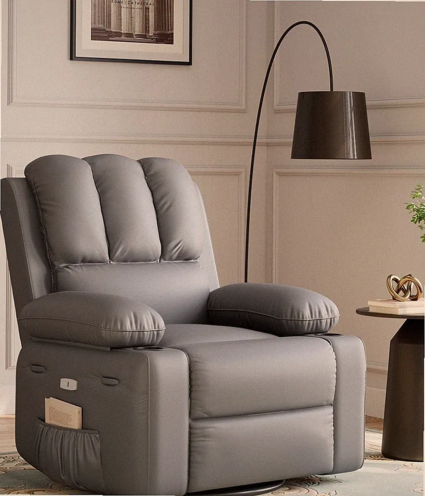 Electric Recliner Chair, PU Swivel Rocker w Massage Heat, Cup Holder&Side Pocket