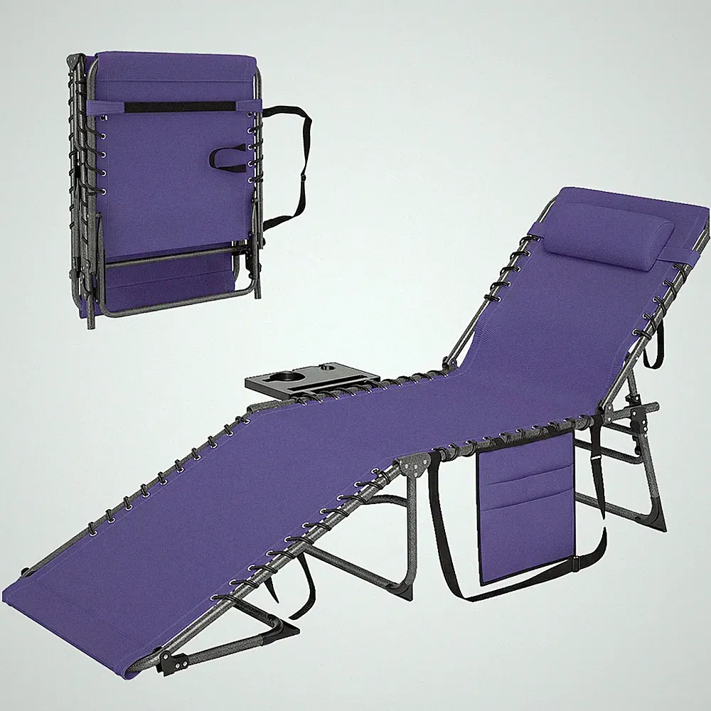 Folding Chaise Lounge Chair w/ Side Table Pocket Pillow 5-Level Backrest