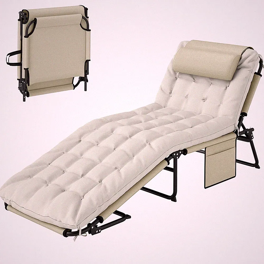 Folding Chaise Lounge Chair with 4-Level Backrest, Cushion & Side Pocket