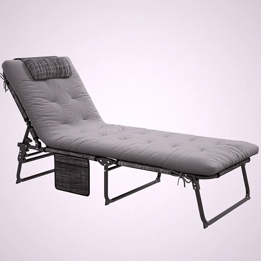Folding Chaise Lounge Pool Chair with 4-level Reclining Back Cushion Side Pocket