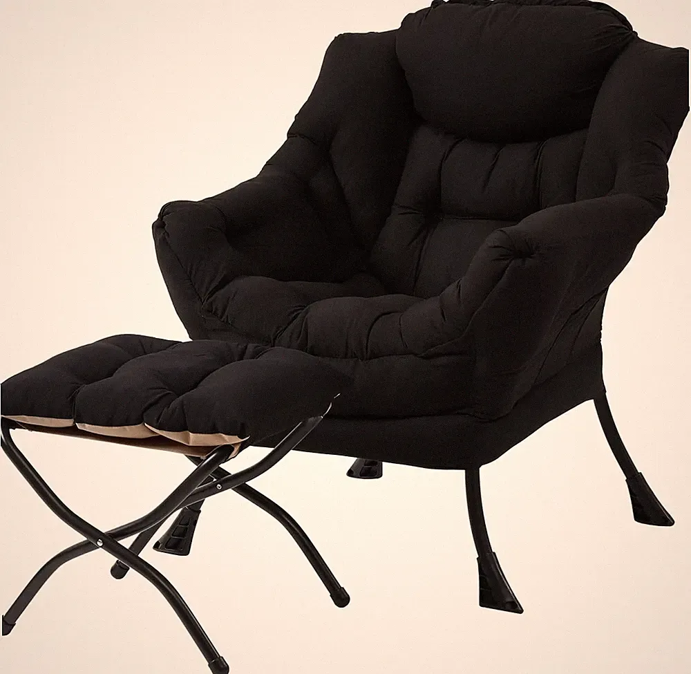 Modern Lazy Chair with Ottoman, Armrests & Side Pocket for Small Spaces, Black