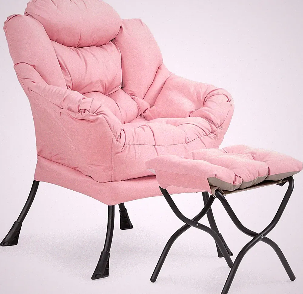 Modern Pink Lazy Lounge Chair with Ottoman and Side Pocket for Small Spaces