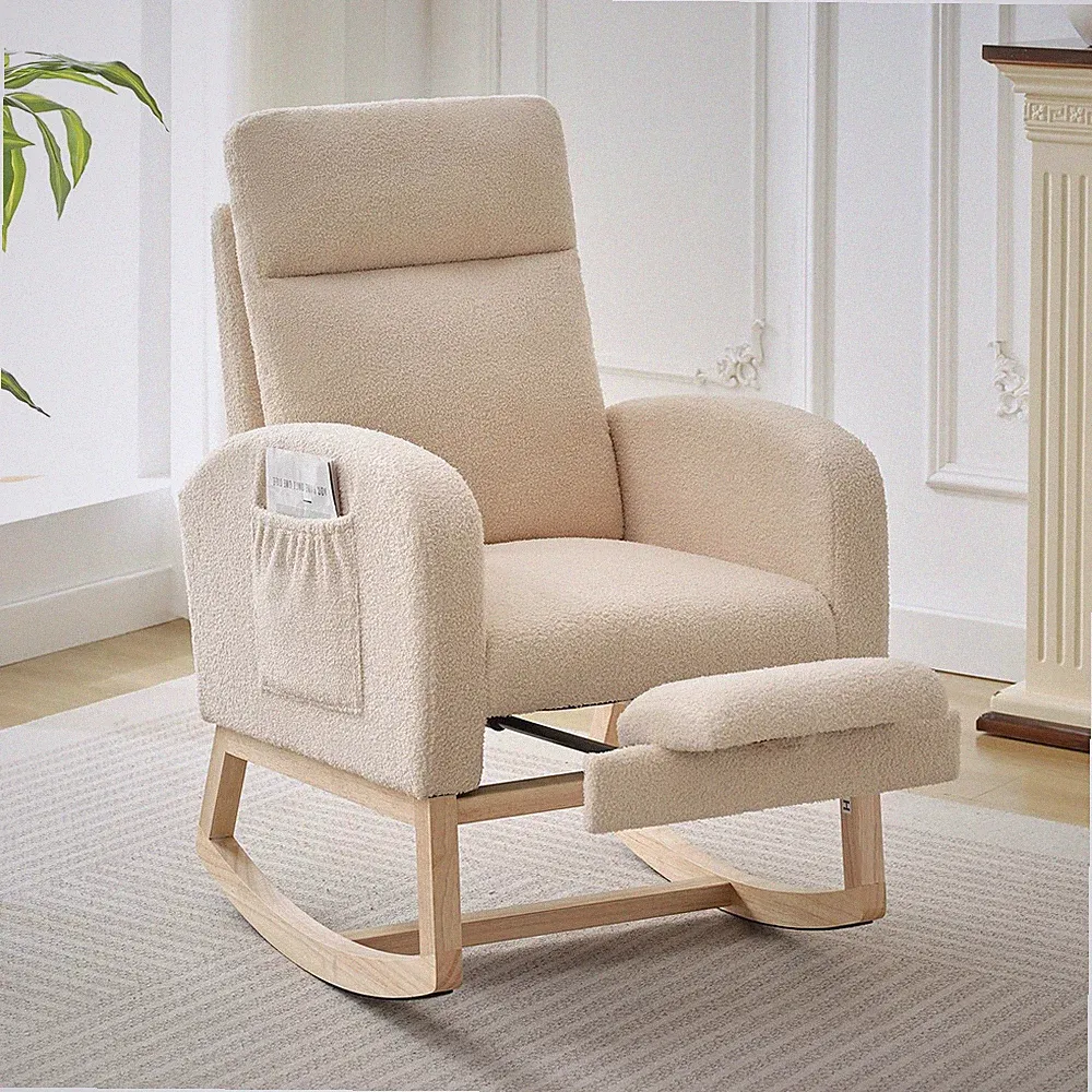 Nursery Rocking Chair|Footrest Teddy Upholstered Glider Recliner, Comf. Rocker