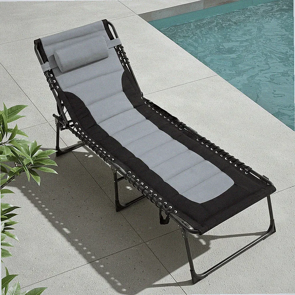 Padded Folding Lounge Chair Outdoor 5-Position Adjustable Chaise w/ Side Pocket