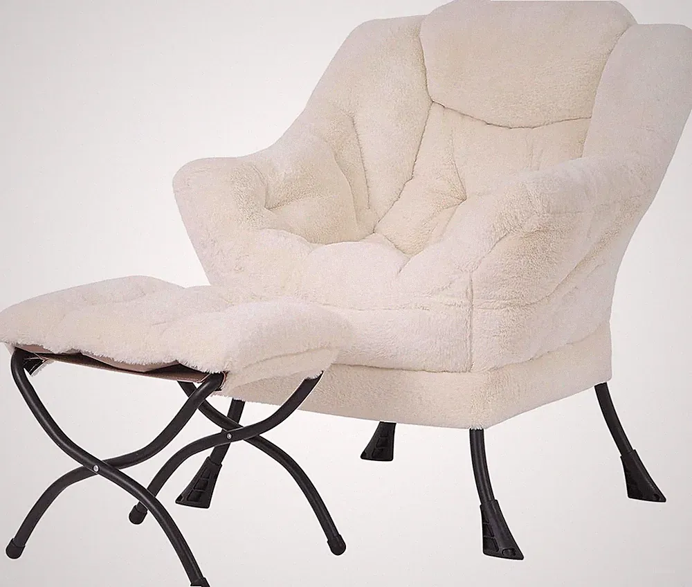 Plush Beige Lazy Chair with Ottoman, Modern Accent Armchair for Small Spaces
