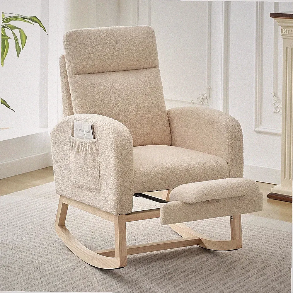 Reclining Rocking Chair W/ Adjustable Footrest & High Back, Side Pocket for Home