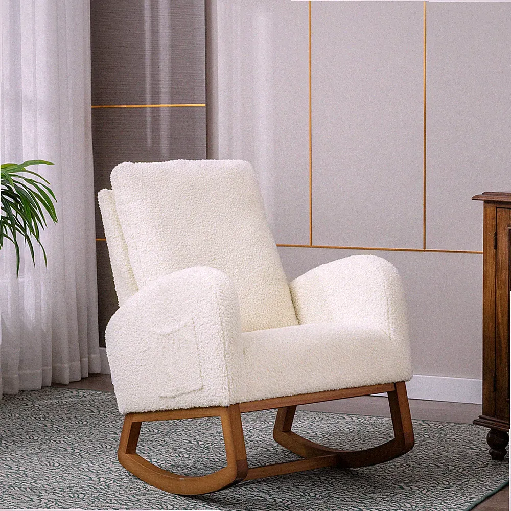 Rocking Chair, Modern Glider Chair, Recliner Armchair Wood Legs and Side Pocket
